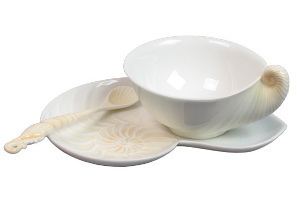 NAUTILUS COFFEE CUP SET WITH SPOON: Nautilus Coffee Cup Set With Spoon - Material - Fine Porcelain - Size - (l) 6 1/4