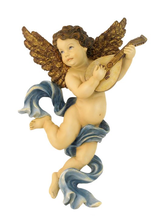 CHERUB PLAYING LUTE-WALLPLAQUE: Cherub Playing Lute-wallplaque - Material - Poly Stone - Size - (l) 8 3/4