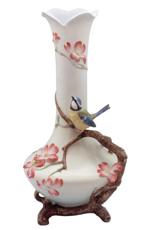 DOGWOOD & BLUE TIT VASE: Dogwood & Blue Tit Vase - Material - Fine Porcelain - Size - (h) 12 3/8