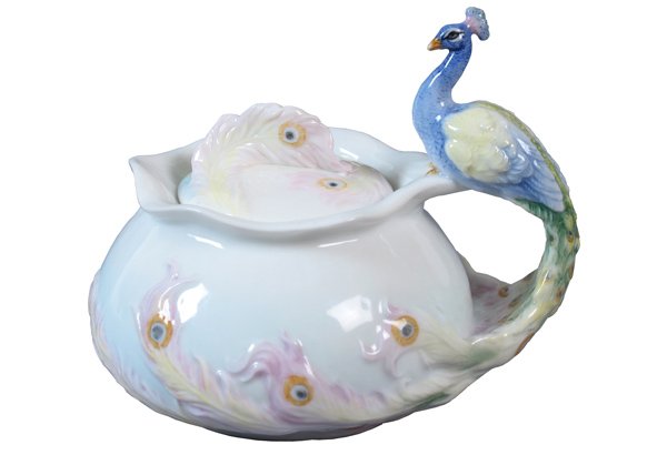 PEACOCK STANDING SUGAR JAR: Peacock Standing Sugar Jar - Material - Fine Porcelain - Size - (l) 5 1/8
