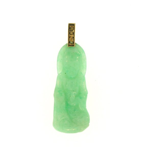 NATURAL GREEN JADEITE PENDANT: This Is A-one-of-a-kind - Natural Green Jadeite Pendant - Metal: Yellow Gold Karat: 14k Stone Size: ~15x40mm Details: Carved Kwan Yin - This Is Guaranteed Grade A Jadeite