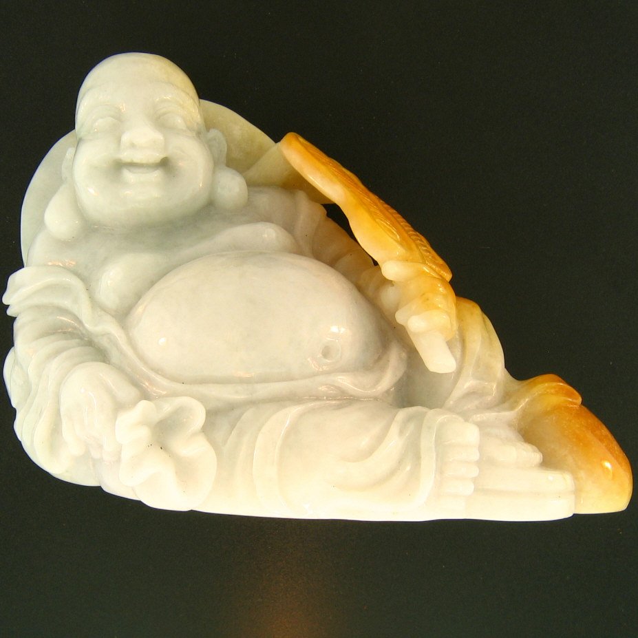 NATURAL YELLOW JADEITE STATUARY: This Is A-one-of-a-kind - Natural Yellow Jadeite Statuary - Metal: N/a Karat: N/a Stone Size: 5 X 4 Inches Details: Buddha W/fan,coin,gourd & Fitted Wood Stand - This Is Guaranteed Grade A Jadeite