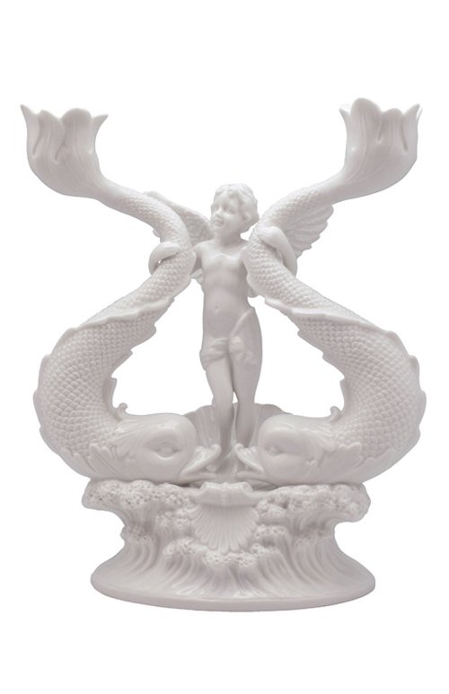 CHERUB HOLDING TWIN FISH: Cherub - Holding Twin Fish - Material - Fine Porcelain - Size - (h) 9 1/2
