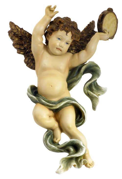 CHERUB PLAYING TAMBOURINE-WALL PLAQUE: Cherub Playing Tambourine-wall Plaque - Material - Poly Stone - Size - (l) 9 1/8