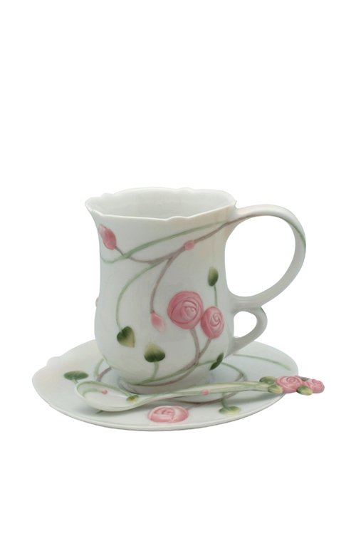 ROSE COFFEE CUP SET WITH SPOON: Rose - Coffee Cup Set With Spoon - Material - Fine Porcelain - Size - (l) 5 1/4
