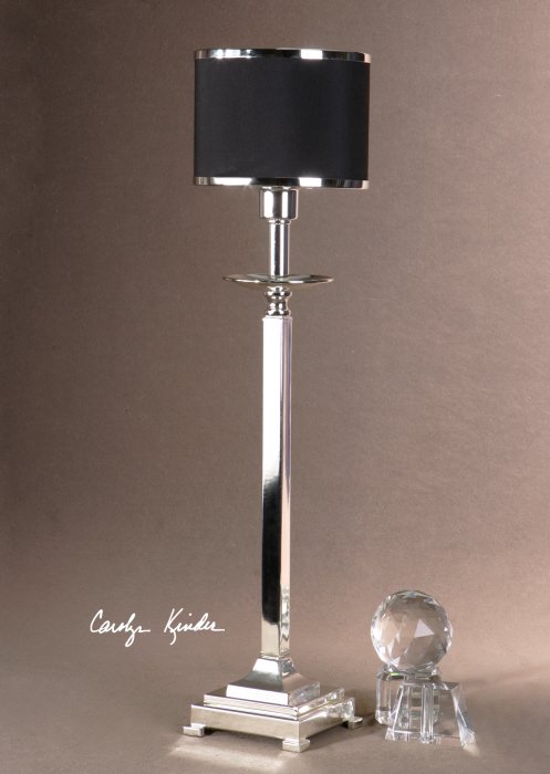 TUXEDO SILVER BUFFET LAMP: Tuxedo Silver Buffet Lamp - This Metal Lamp Is Silver-plated And Topped With A Round, Black Hardback Drum Shade With Silver-plated Metal Trim. - Material: Metal Voltage: 110 Overall Depth In Inches: 8