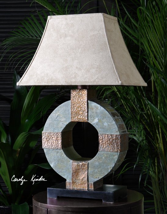 SLATE TABLE LAMP: Slate Table Lamp - This Indoor/outdoor Lamp Is Made Of Real Hand Carved Slate With Hammered Copper Details. Due To The Natural Material Being Used Each Piece Will Vary. The Rectangle Bell Shade Has A 
