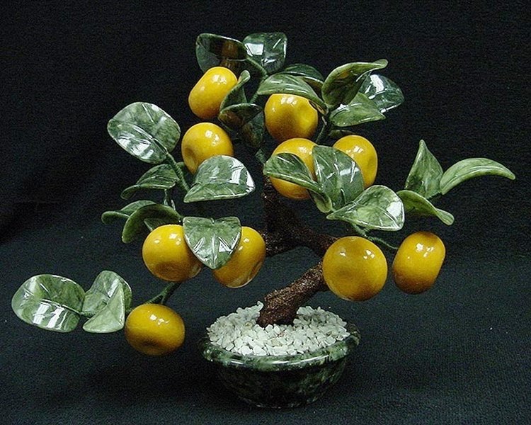REAL JADE TANGERINES TREE: Real Jade Tangerines Tree - High: 12 Inches. Wide: 8 Inches. Deep: 8 Inches - This Tangerines Tree Is Made Of Jade. The Leaves Are Made Of Taiwan Jade And The Tangerines Are Made Of Hard Stones. The P