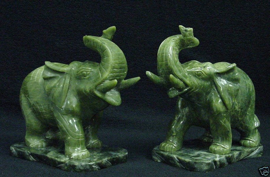 PAIR OF REAL JADE ELEPHANTS: Pair Of Real Jade Elephants - L: 3", W: 2", H: 3". - This Pair Of Elephants Are Made Of Real Jade. It Comes With Jade Bases.