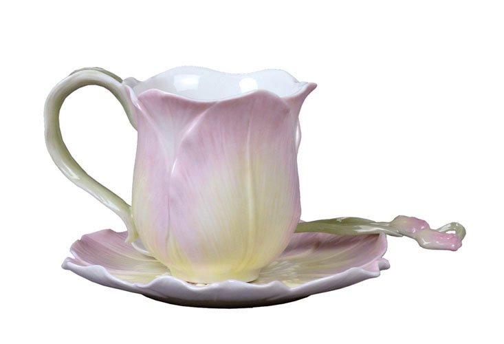 TULIP COFFEE CUP SET WITH SPOON: Tulip Coffee Cup Set With Spoon - Material - Fine Porcelain - Size - (l) 4 7/8