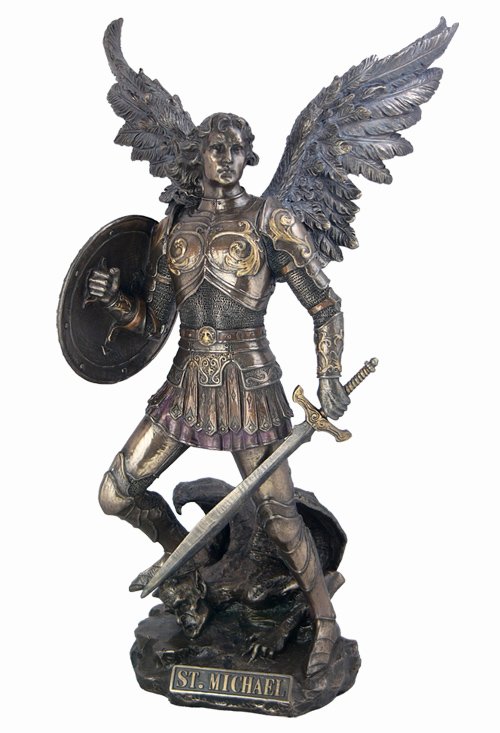 ST. MICHAEL STANDING ON DEMON WITH SWORD AND SHIELD -: St. Michael Standing On Demon With Sword And Shield - Material - Cold Cast Bronze - Size - 12 3/4
