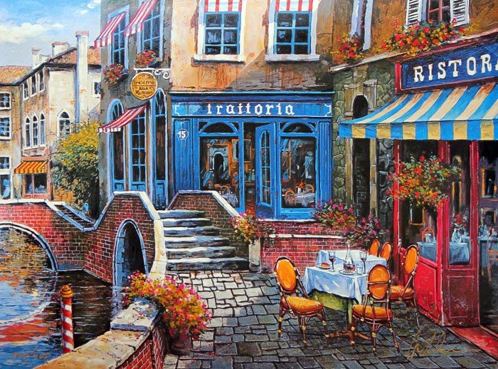 ANATOLY METLAN - OUTDOOR CAFÉ: Artist: Anatoly Metlan. Title: Outdoor Café. Medium: Serigraph on Paper. Image Size: 8.5" x 11.5". Paper Size: . Limited Edition Size: 495. __________Artist Biography: Anatoly Metlan was born in 1964