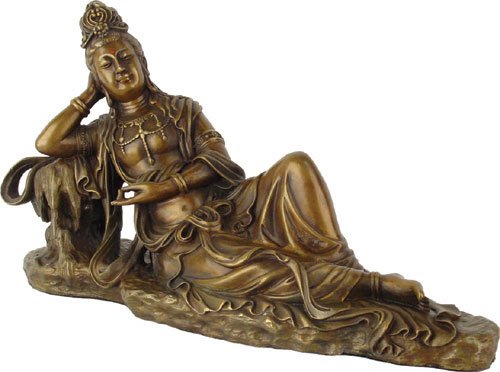 RECLINING KUAN-YIN BRONZE STATUE: Reclining Kuan-yin Bronze Statue - Size: 6.5"h X 12.5"w X 4.25"d Item Type: Statue Material: Bronze Weight (lbs): 7 Lbs - - Kuan Yin, Originally Known As Avalokiteswara (the Lord Who Regards), Is A Hi