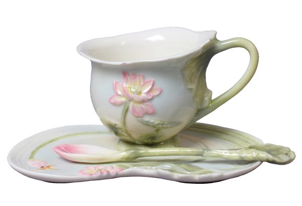 LOTUS: Lotus 3 Pcs Coffee Cup Set - Material - Fine Porcelain - Size - (l) 5 1/2