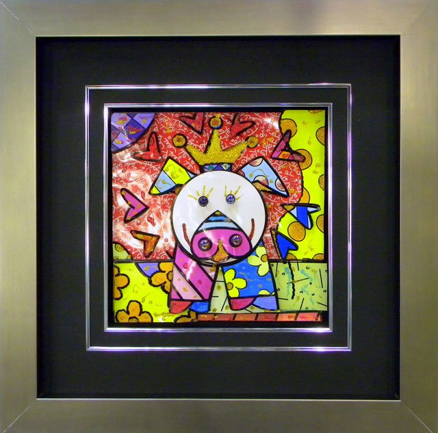ROMERO BRITTO-PIG: Artist: Romero Britto . Title: Pig. Brief Description: 3 D Art From Britto's 2012 Calender Enhanced By Artist Solomi. Size (in Inches): 23.5 X 24. Certificate: No. Framed: Yes