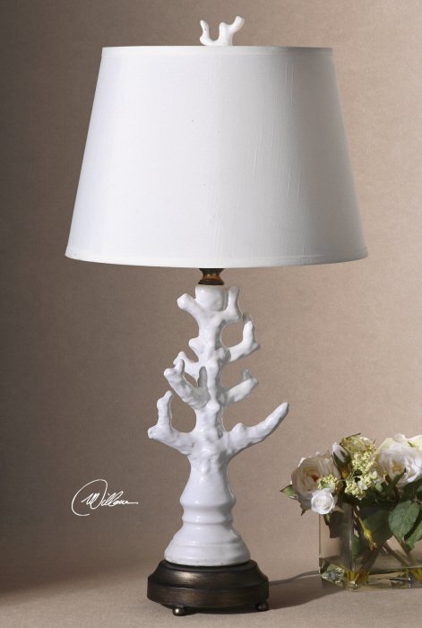 CORAL WHITE TABLE LAMP: Coral White Table Lamp - Glossy White Glaze Over A Coral Shaped Ceramic Base With Heavily Antiqued Silver Details. The Round, Hardback, Straight Sided Shade Is An Off White Linen Fabric With Light Slu