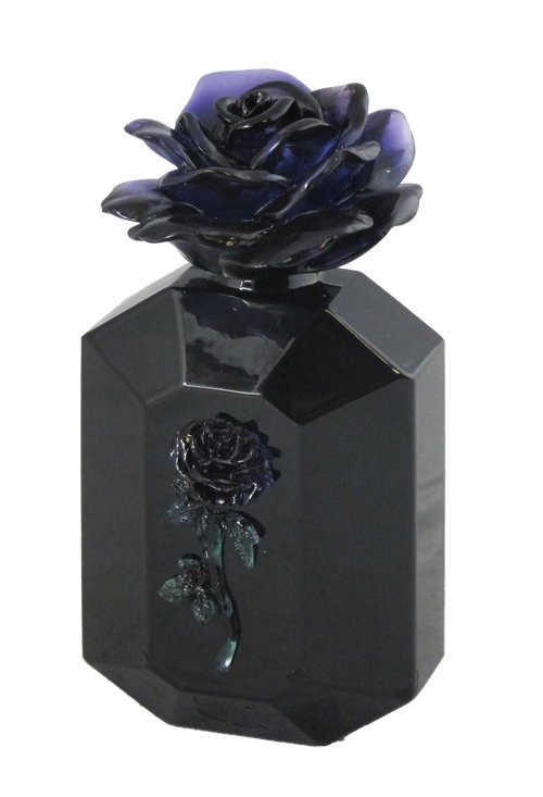BLACK ROSE PERFUME BOTTLE (BLACK W/ BLACK ROSE): Black Rose Perfume Bottle (black W/ Black Rose) - Material - Poly Stone & Glass - Size - (h) 3 7/8