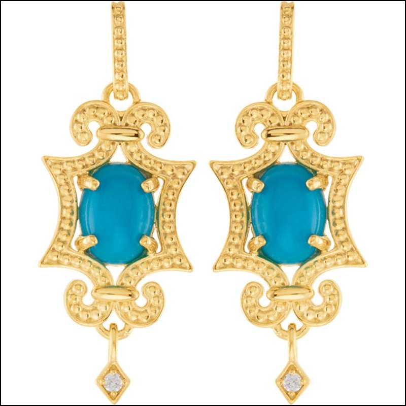 GRANULATED DESIGN DANGLE EARRINGS: GRANULATED DESIGN DANGLE EARRINGS - 14Ky / Complete With Stones / Turquoise & Diamond / Pair / P / Granulated Earrings - Weight: 2.9966DWT - GramWeight: 4.66