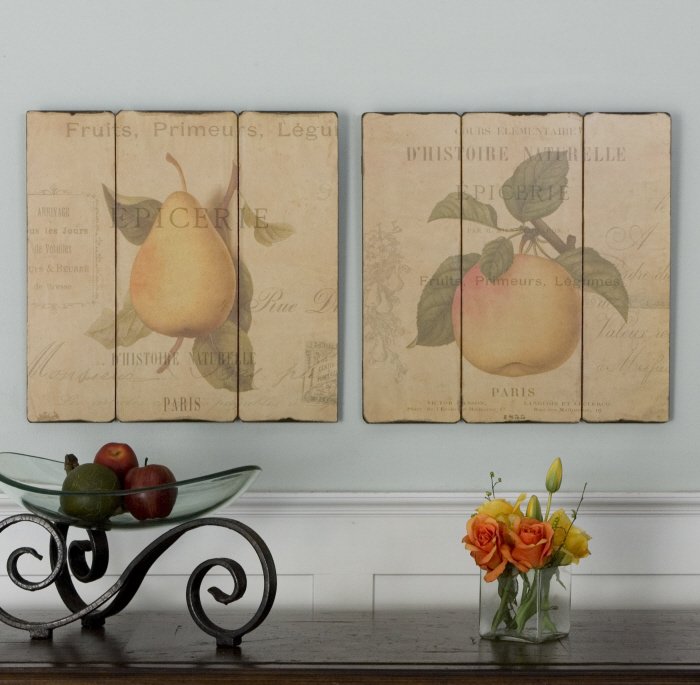 FRENCH FRUIT WALL ART, S/2: French Fruit Wall Art, S/2 - These Oil Reproductions On Wood Feature A Hand Applied Sand Texture Finish And A Lightly Distressed Umber Stain. Plaque Edges Are Distressed To Give An Antique Look. - Mat