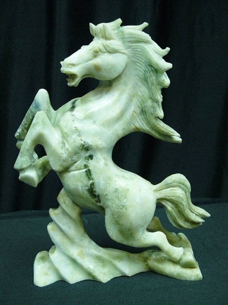 REAL JADE RUNNING HORSE: Real Jade Running Horse - L: 7.5", W: 2.5", H: 10" - This Horse Is Made From One Piece Of Solid Hard Jade. It Appears Light Green With Some Area Dark Green. Very Detailed In Carving