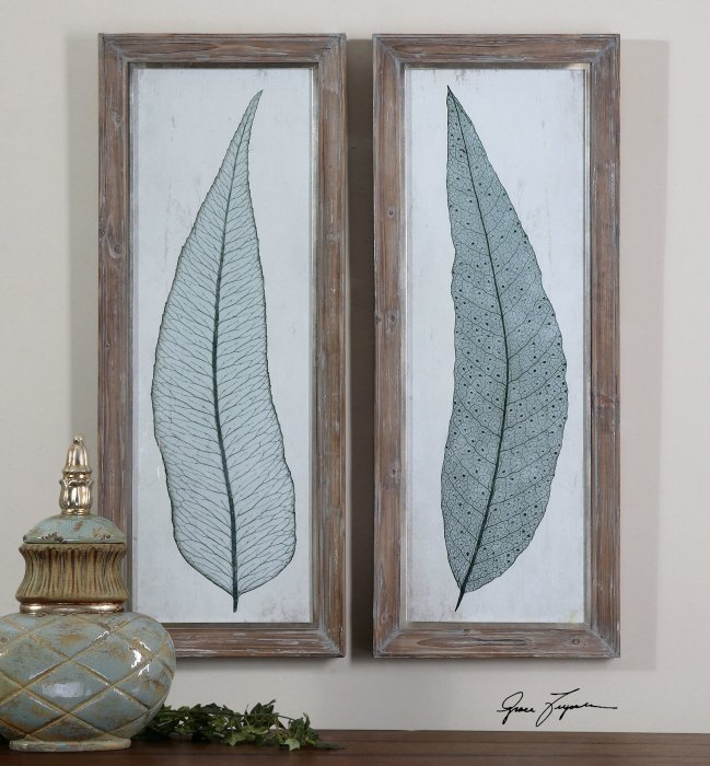 TALL LEAVES FRAMED ART SET/2: Tall Leaves Framed Art Set/2 - Frames Featuring A Reclaimed Wood Look With Heavy Taupe And Gray Glaze Accent These Prints. Inner Lips Are Champagne Silver. Prints Are Under Glass. - Material: Fir Over