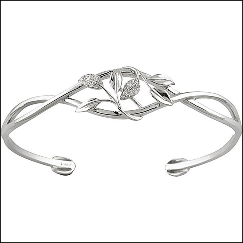 CUFF BRACELET WITH LEAF DESIGN: CUFF BRACELET WITH LEAF DESIGN - 14K White / Bracelet / Complete With Stone / Round / Various / Diamond / Polished / .05Ctw Diamond Cuff Bracelet - Weight: 7.84DWT - GramWeight: 12.19