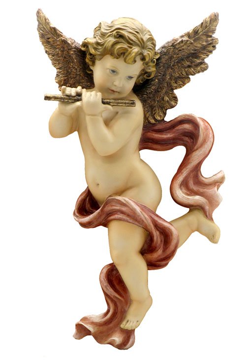 CHERUB PLAYING FLUTE-WALLPLAQUE: Cherub Playing Flute-wallplaque - Material - Poly Stone - Size - (l) 8 7/8