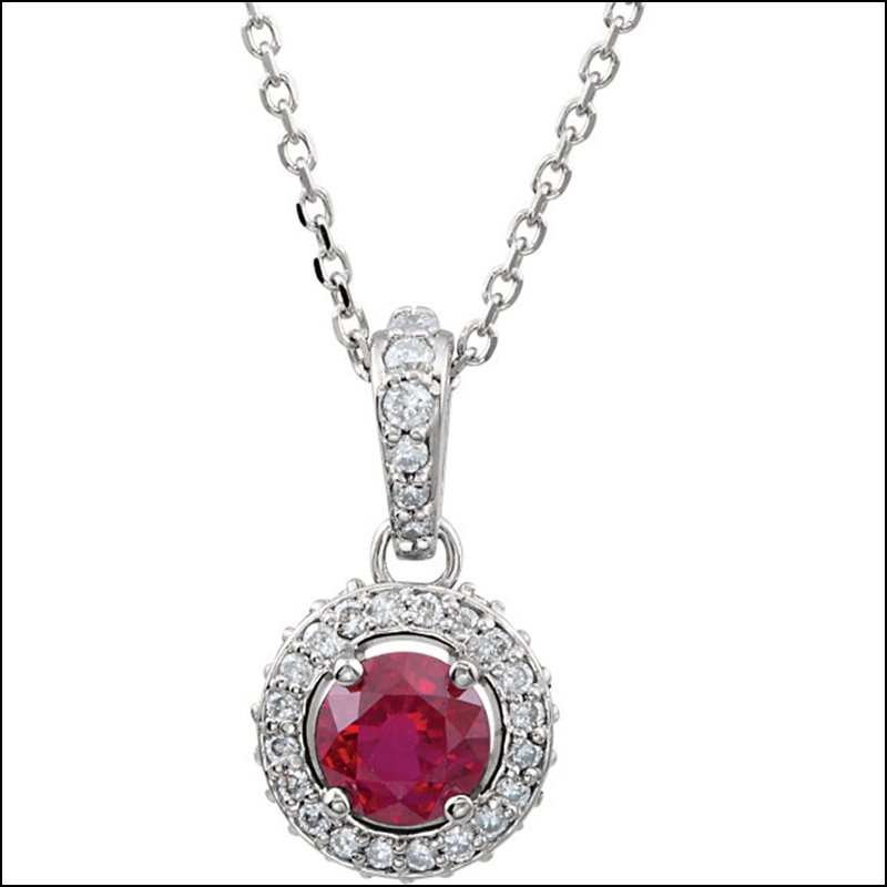 ENTOURAGE NECKLACE: ENTOURAGE NECKLACE - 14K White / Necklace / Complete With Stone / Round / 04.50 Mm / None / Polished / Ruby And 1/4 Ctw Dia 18" Nck - Weight: 1.5941DWT - GramWeight: 2.48