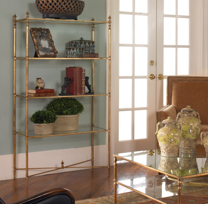 HENZLER MIRRORED GLASS ETAGERE: Henzler Mirrored Glass Etagere - Forged Iron Frame In Antiqued Gold Leaf And Iron Cross Stretchers. Display Shelves Are Clear, Tempered Glass. - Material: Tempered Glass & Metal Overall Depth In Inche