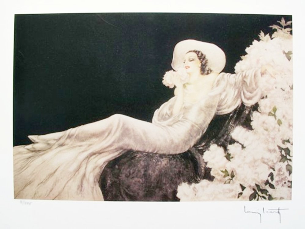 LOUIS ICART "PARFUM DE FLEURS" SIGNED LIMITED ED. SMALL: This Is A Louis Icart Small Giclee Titled "parfum De Fleurs". This Giclee Is Facsimile Signed On The Lower Right Which Means It Bears A Copy Of Icarts' Signature. This Piece Is Pencil Numbered From An