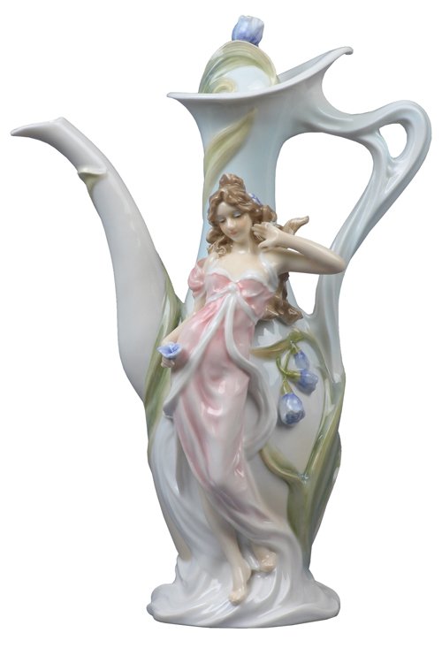MAIDEN WITH PURPLE FREESIA TEAPOT: Maiden With Purple Freesia Teapot - Material - Fine Porcelain - Size - (h) 11 3/4
