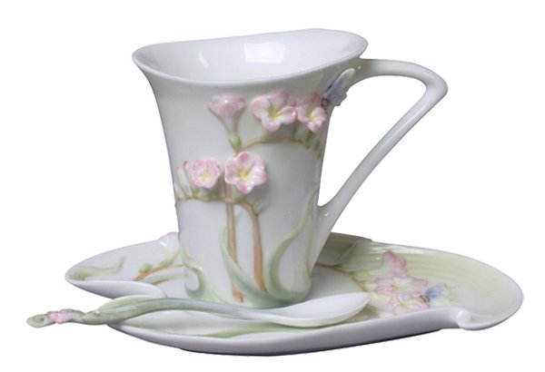 FREESIA COFFEE CUP SET WITH SPOON (PINK FLOWER): Freesia Coffee Cup Set With Spoon (pink Flower) - Material - Fine Porcelain - Size - (l) 6 3/4
