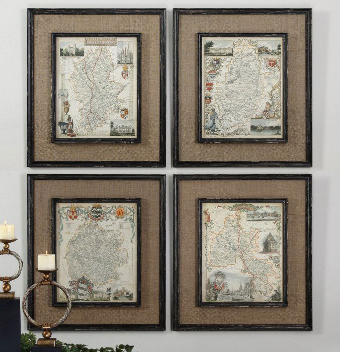 COUNTRYSIDE MAPS WALL ART SET/4: Countryside Maps Wall Art Set/4 - Medium Brown Burlap Mats Surround The Prints. Frames And Fillets Have A Black Base Coat With Heavy Brown And Taupe Distressing Accented With Gold Dry Brushing. - Mate