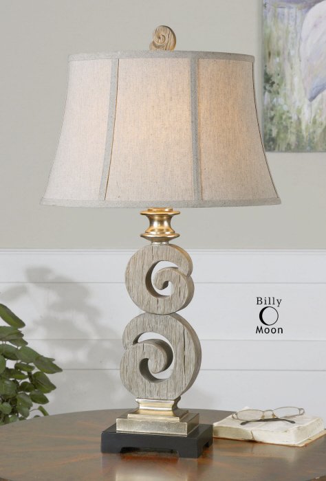 DELSHIRE WOOD TABLE LAMP: Delshire Wood Table Lamp - Distressed Bleached Wood Tone Finish With A Light Gray Wash And Antiqued Silver Champagne Details. The Oval Bell Shade Is An Oatmeal Linen Fabric. - Material: Resin, Metal,