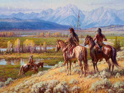 Scouts on the Buffalo Fork by Martin Grelle: Scouts on the Buffalo Fork by Martin Grelle - Edition Size: Open - Giclee on Canvas, Open Edition Signed Dimensions: 12 x 16 Release Date: 11-2013 ……….Whether painting the Native Americans in