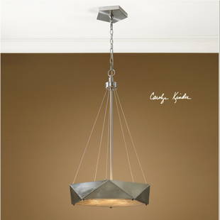 TESORO 3 LIGHT MODERN PENDANT: Tesoro 3 Light Modern Pendant - Soft Contemporary In Feel This Five Sided Pentagon Shape Is Unique And Unusual For A Pendant. Distressed Antique Nickel Finish Is Intensified With A Champagne Mica