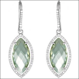 HALO-STYLED MARQUISE-SHAPED DANGLE EARRINGS: HALO-STYLED MARQUISE-SHAPED DANGLE EARRINGS - Ster / Complete With Stones / Green Quartz / 20.00X10.00 Mm Center Stone / P / 1/2 Ctw Diamond Earrings - Weight: 2.366DWT - GramWeight: 3.68