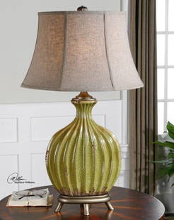 CARENTINO GREEN TABLE LAMP: Carentino Green Table Lamp - Heavily Crackled, Aged Green Ceramic With Rust Distressing And Antiqued Silver Details. The Oval Bell Shade Is An Oatmeal Linen Fabric With Natural Slubbing. - Material: