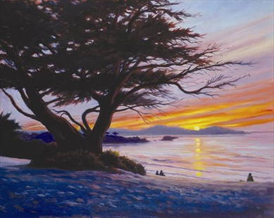 Charles White - Sunset at Carmel Beach 28x34: "Sunset at Carmel Beach" is a canvas giclee by Charles White. roma brown vintage frame, making for an overall framed size of 28x34. - 28x34