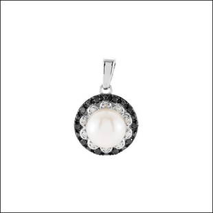 FRESHWATER PEARL & BLACK/WHITE DIAMOND PENDANT: FRESHWATER PEARL & BLACK/WHITE DIAMOND PENDANT - 14Kw / 07.00-07.50 Mm/1/6 Ct Tw / P / Freshwater Cul Prl & Blk, Whit - Weight: 0.83DWT - GramWeight: 1.29