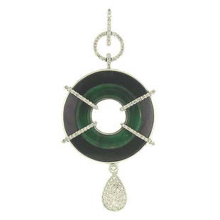 NATURAL GREEN LAVENDER BLACK JADEITE PENDANT: This Is A-one-of-a-kind - Natural Green Lavender Black Jade Pendant - Metal: White Gold Karat: 18k Dia. Wt.: 0.52 Ct Stone Size: 27mm Total Details: Green, Lavender And Black Jadeite Accented With
