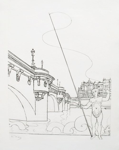 ANDRE DERAIN LE PONT NEUF RESTRIKE ETCHING: Andre Derain Restrike Etching Titled "le Pont Neuf". Made On Thin Handmade Laid Paper; Signed Signature In The Plate, Lower Left. Image Measures 13" X 10¼" On 17½ X 12½" Paper. In Excellent Conditi