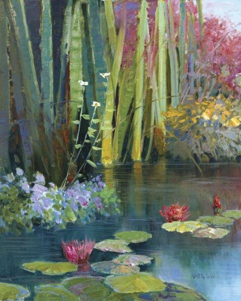 KENT WALLIS - LILIES ADORNING THE POND: Kent Wallis - Lilies Adorning The Pond - 20 X 24 In. - Giclée Print - Gallery Stretched - Ready to hang.