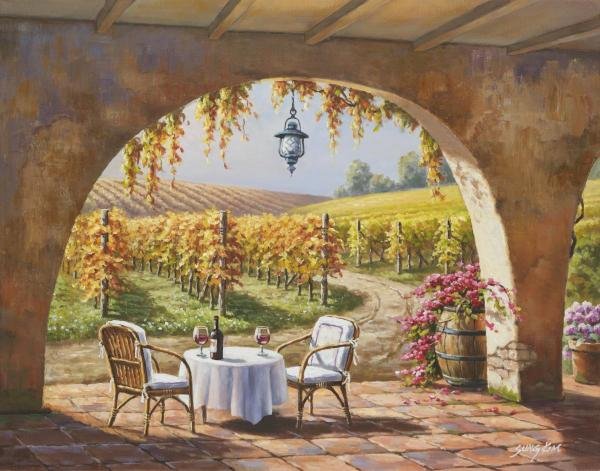 SUNG KIM - VINEYARD FOR TWO: Sung Kim - Vineyard For Two - 28 X 22 In. - Giclée Print - Gallery Stretched - Ready to hang.