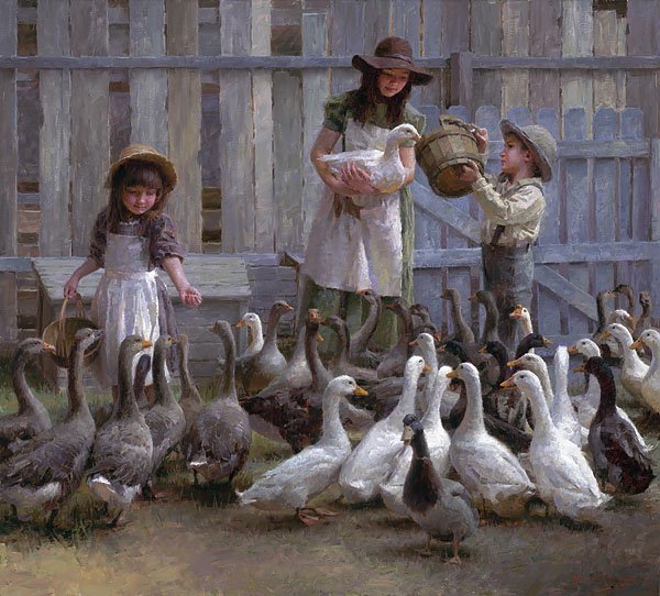 MORGAN WEISTLING - FEEDING THE GEESE: Morgan Weistling - Feeding The Geese - Hand Signed - Limited Edition Canvas - Image Size: 22"w X 20"h. Limited Edition Of: 75 - “growing Up On The Farm,” Says Morgan Weistling,“i Loved To Feed T