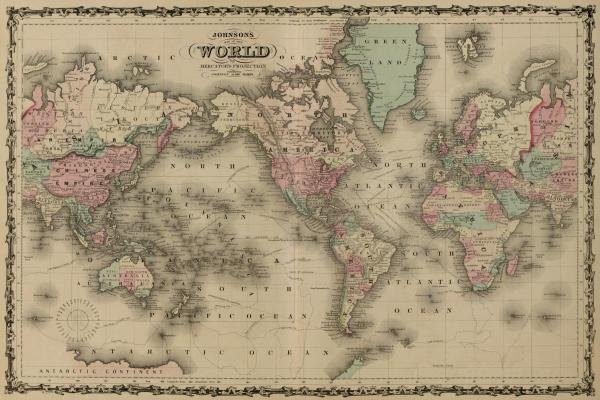 A.J. JOHNSON - WORLD MAP: A.j. Johnson - World Map - 44 X 29 1/2 In. - Giclée Print - Gallery Stretched - Ready to hang.