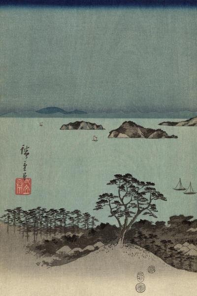 ANDO HIROSHIGE - EVENING VIEW OF THE EIGHT FAMOUS SITES: Ando Hiroshige - Evening View Of The Eight Famous Sites At Kanazawa In Musashi Province #1 - 29 1/2 X 44 In. - Giclée Print - Gallery Stretched - Ready to hang.