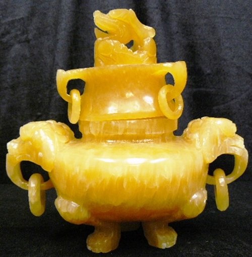 YELLOW JADE INCENSE BURNER: Yellow Jade Incense Burner - Wide: 6", Deep: 4", High: 6" Sold Out - This Jade Incense Burner Is Made From Natural Yellow Jade. Yellow Jade Is Now Becoming Rare Because Of Over-mined. There Is A Drago