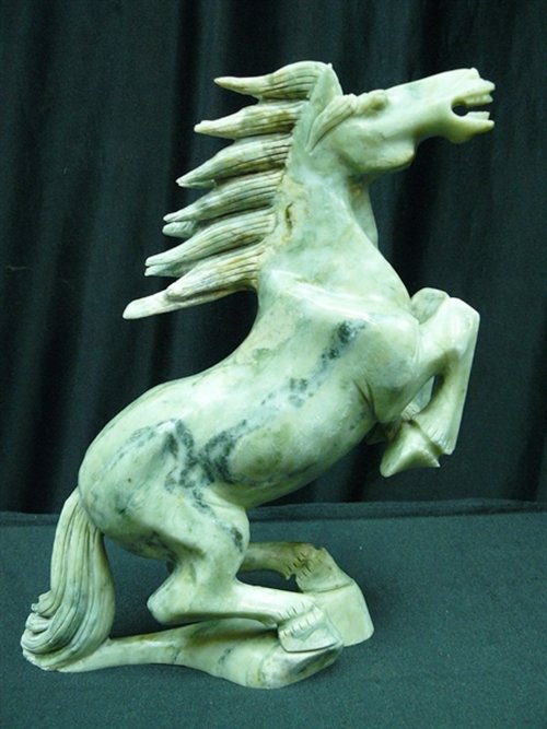 REAL JADE RUNNING HORSE: Real Jade Running Horse - L: 9", W: 3", H: 12" Sold Out - This Horse Is Made From One Piece Of Solid Hard Jade. It Appears Light Green With Some Area Dark Green. Very Detailed In Carving