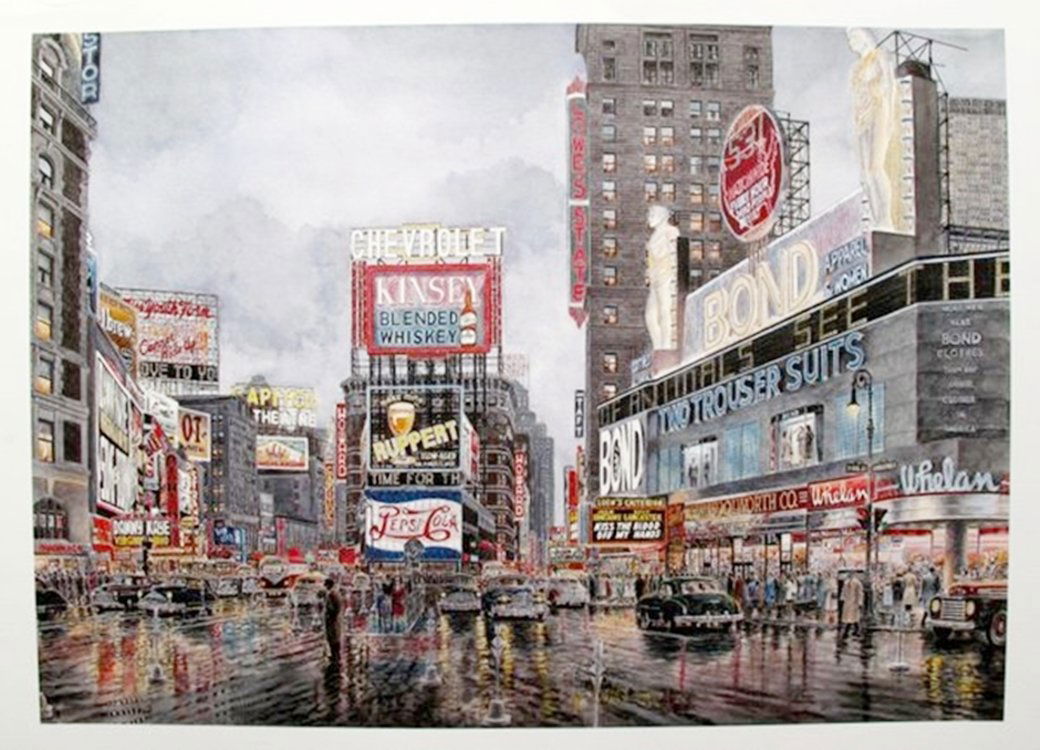 STANTON MANOLAKAS TIMES SQUARE NEW YORK PLATE SIGNED: Beautiful Iris Giclee Titled "times Square, Crossroads Of The World Circa 1949" By Stanton Manolakas. The View Of Times Square From 44th St. This Giclee Is Plate Signed By The Artist. Image Measures 2
